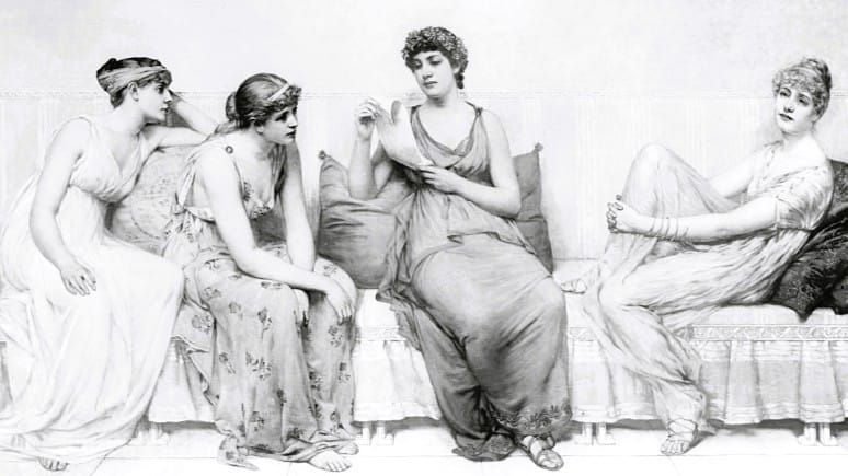Illustration. Four women in ancient greek clothing sit on a low divian. Three listen to the fourth, center, reading from a scroll.