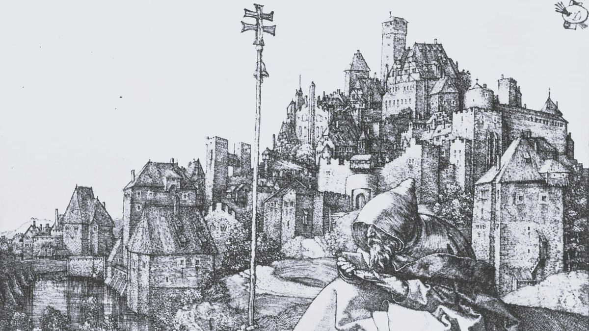 St. Anthony in a medieval monk's robes reads with a fortress town in the background. Image credit below.