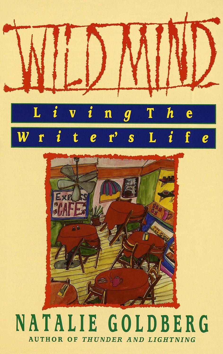 On a gold field, the title top in red sketchy font and under that the subtitle in two blue bars, middle an impressionist drawing of a cafe, bottom the author's name in green serif font.