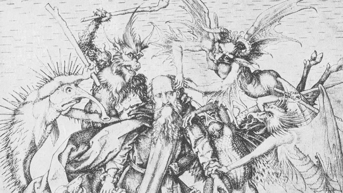 Exceptionally gnarly medieval demons aflict St. Anthony with writer's block. Image credits below.