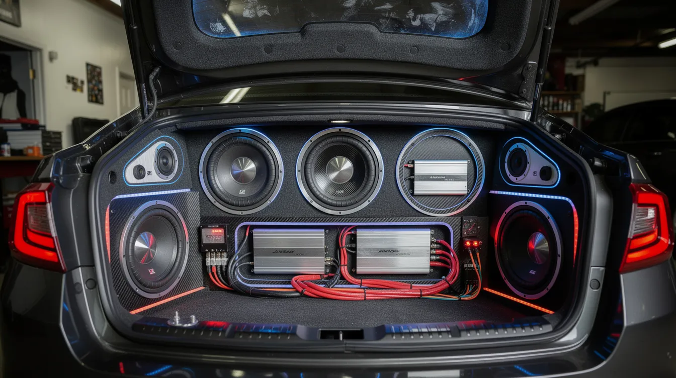 The image showcases a competition car audio trunk build featuring multiple large speakers and amplifiers, with visible wiring and an xs power battery setup designed for optimal performance. Integrated multicolor LEDs indicate charging progress, while the advanced microprocessor ensures quick and safe recharging without overcharging the battery.