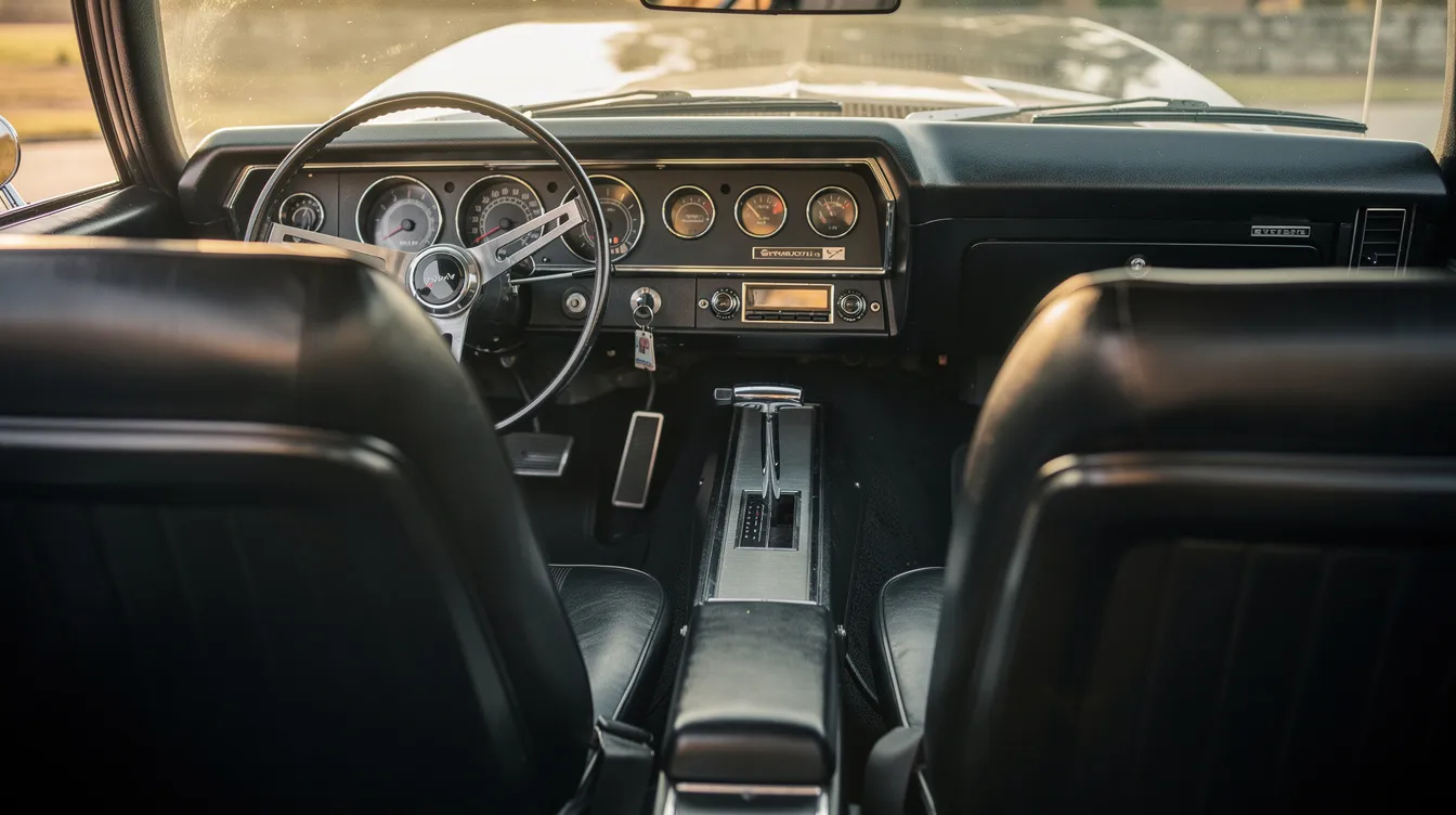 The interior of a late 1960s American muscle car features round gauges, sleek bucket seats, and a floor-mounted shifter, showcasing the design elements that appeal to sports car enthusiasts. This two-seat version reflects the high-performance spirit of the era, embodying the essence of American muscle cars like the AMX.