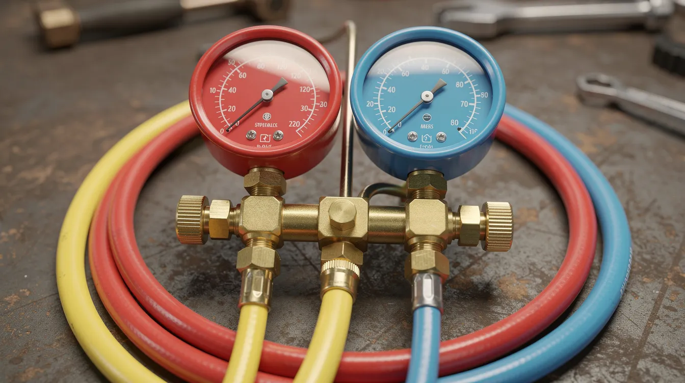A close-up photograph features a manifold gauge set with vibrant red and blue gauges, accompanied by three color-coded hoses and brass fittings, all neatly arranged on a workbench. This image highlights the essential tools used for servicing and measuring pressure in HVAC systems.