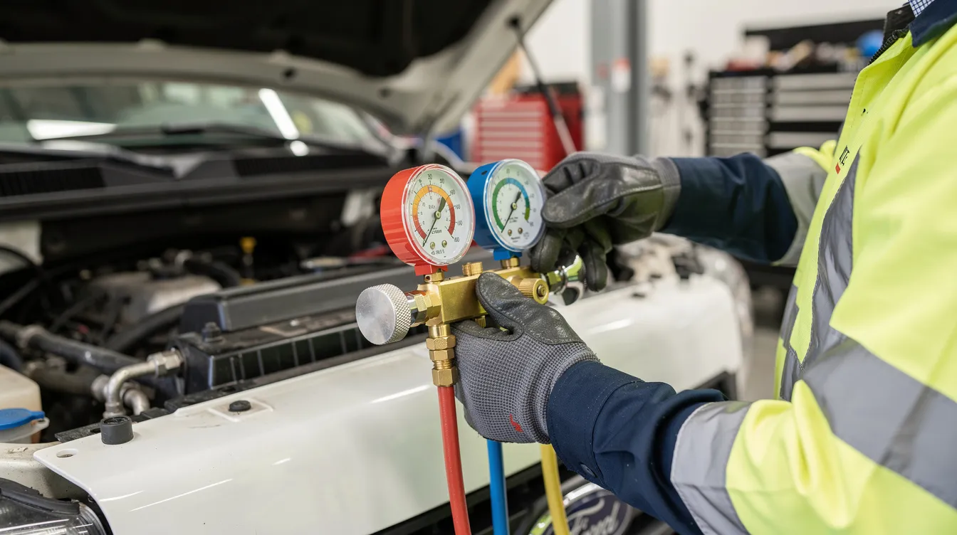 A technician wearing safety gloves is carefully adjusting a valve on a manifold gauge while working under the hood of a truck, demonstrating proper servicing techniques. The scene highlights the importance of using a reliable gauge set for vehicle maintenance.