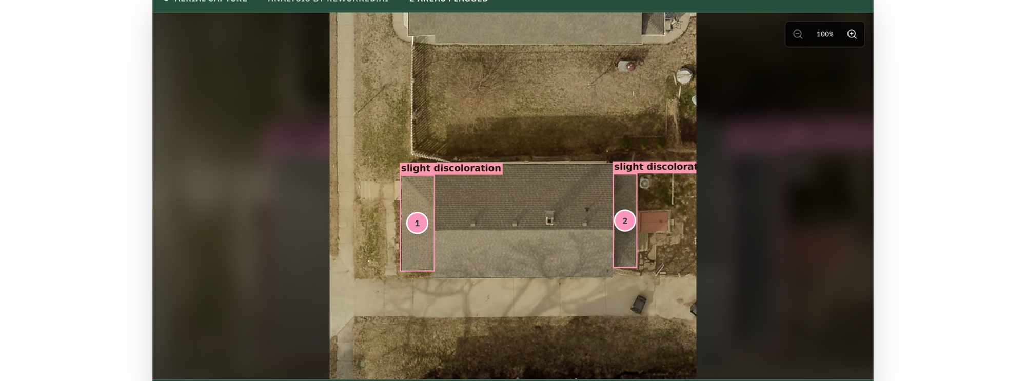 Their roof, annotated. The homeowner can pan the aerial capture and tap each flagged area. This is the moment the page earns trust: nobody can fake a photo of your own house.