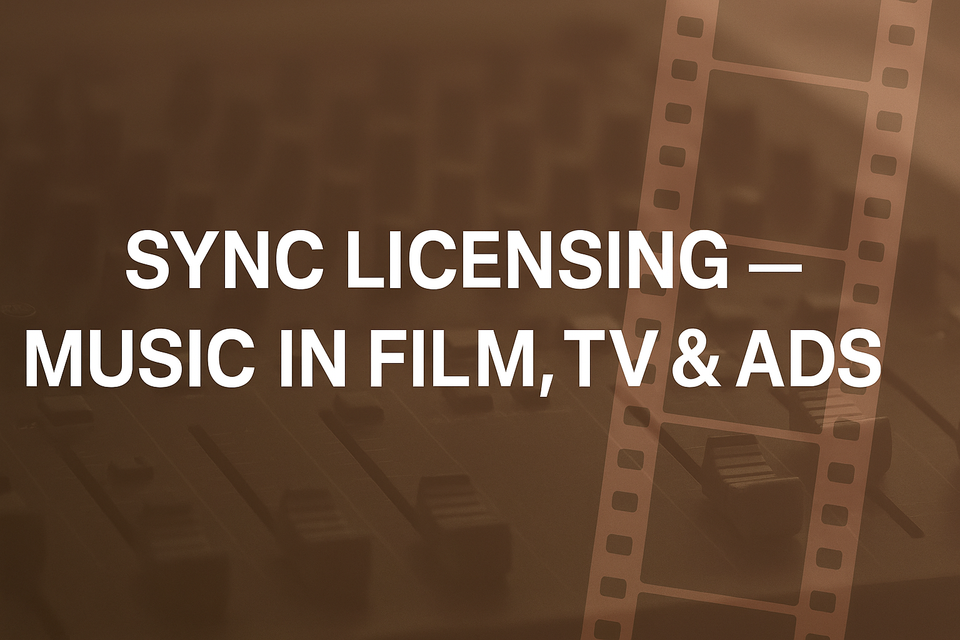 Sync licensing, music in Film TV & Ads written in white on a brown picture