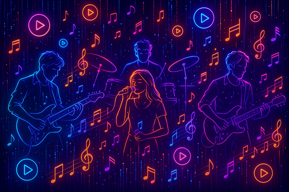 "Colorful digital artwork shows an AI-generated band performing with musical notes and streaming icons"