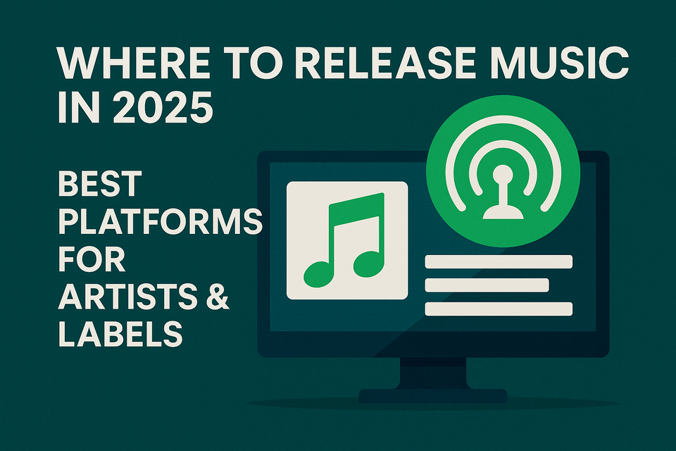 llustration of digital music platforms in 2025, symbolizing distribution choices for independent artists and labels.