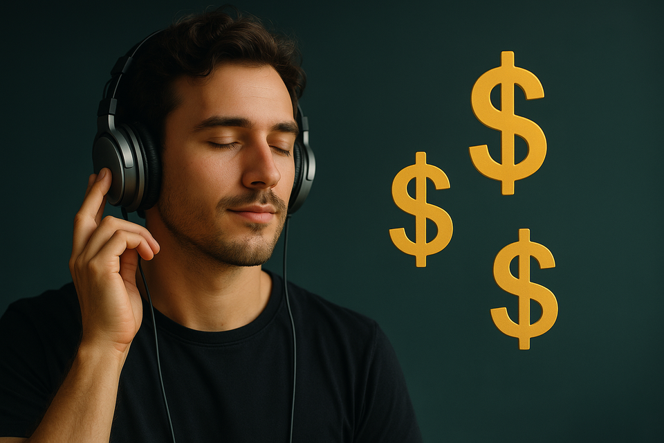 Person with headphones listening to music, with dollar signs symbolizing streaming royalties.