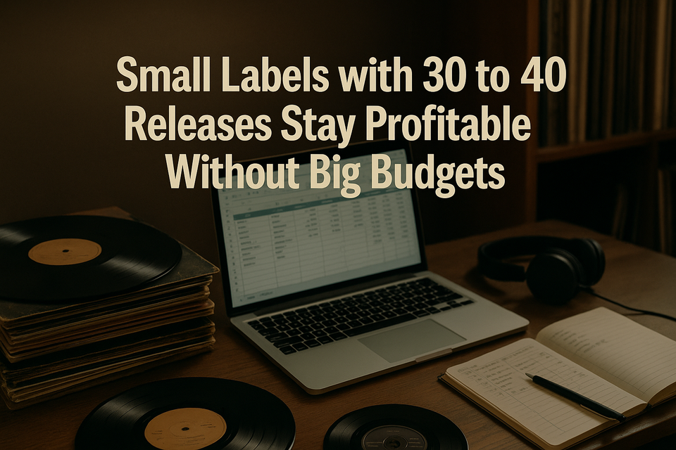 Retro-styled workspace with a laptop showing a spreadsheet, vinyl records, notebook and headphones, symbolizing small label management.