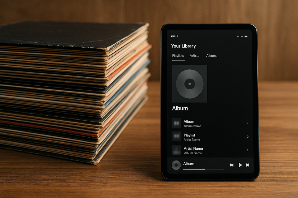 Stack of vintage vinyl records next to a digital tablet displaying a music streaming library, symbolizing the value of label catalogs in both physical and digital formats.