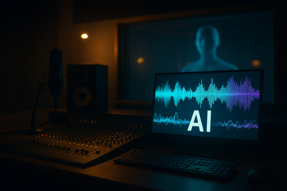 Abstract image showing a music studio with AI-generated waveform visuals.