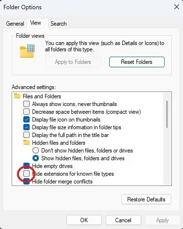 Windows folder option to show file extensions