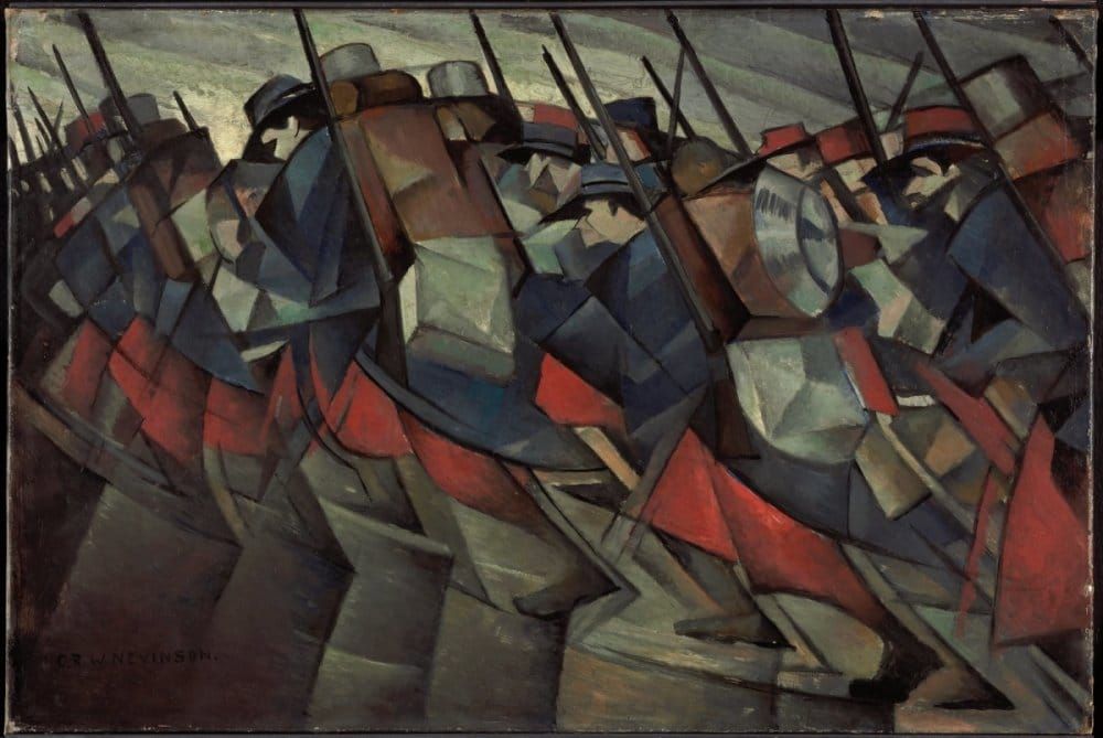 A highly geometrically stylized picture of World War 1 soldiers marching. The colors are darker hues.