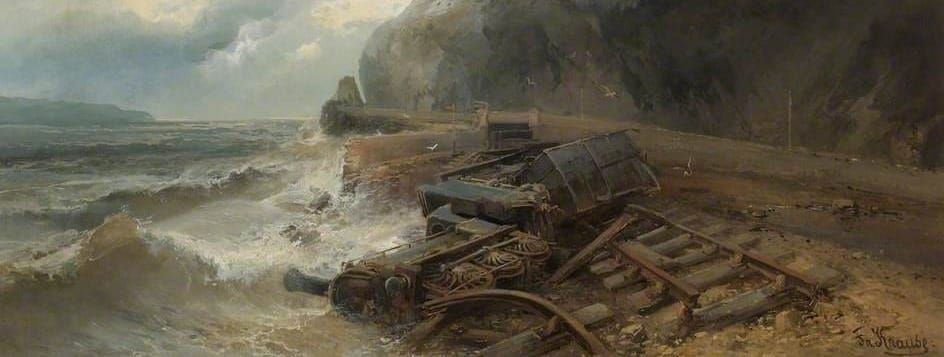 An impressionistic painting of a 19th century locomotive crashed on a Welsh coastline.