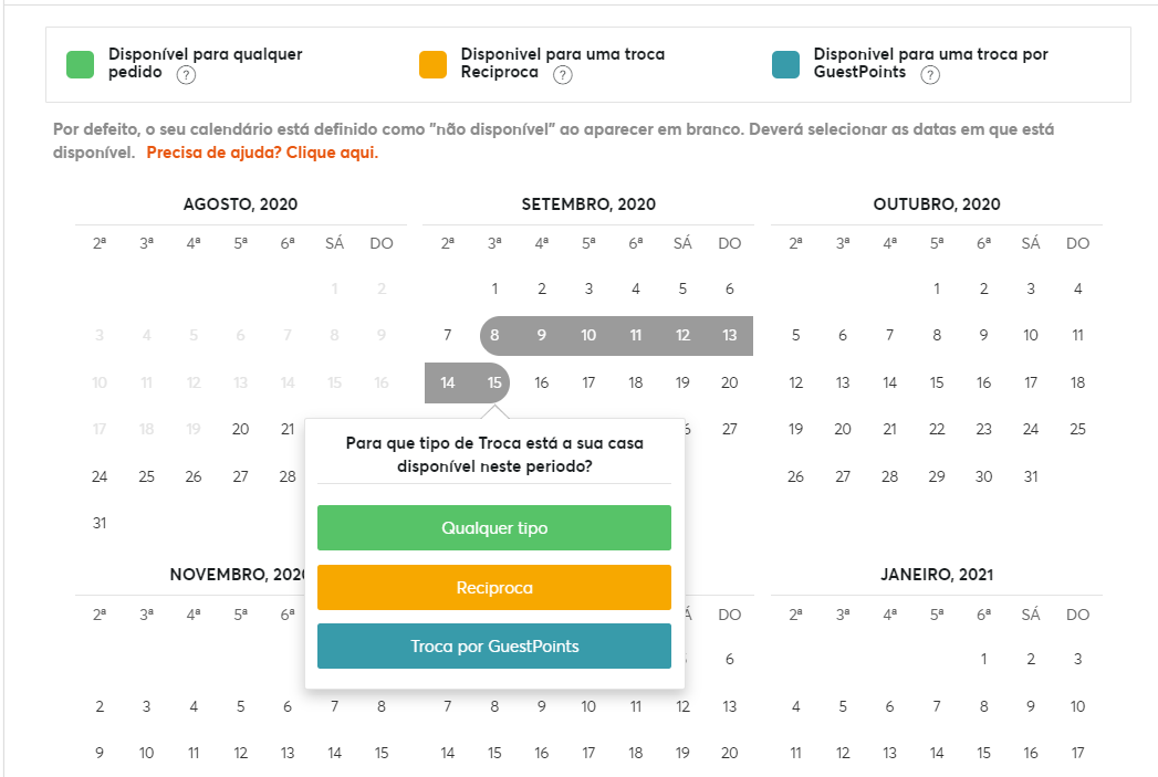 calendário para procurar troca de casas