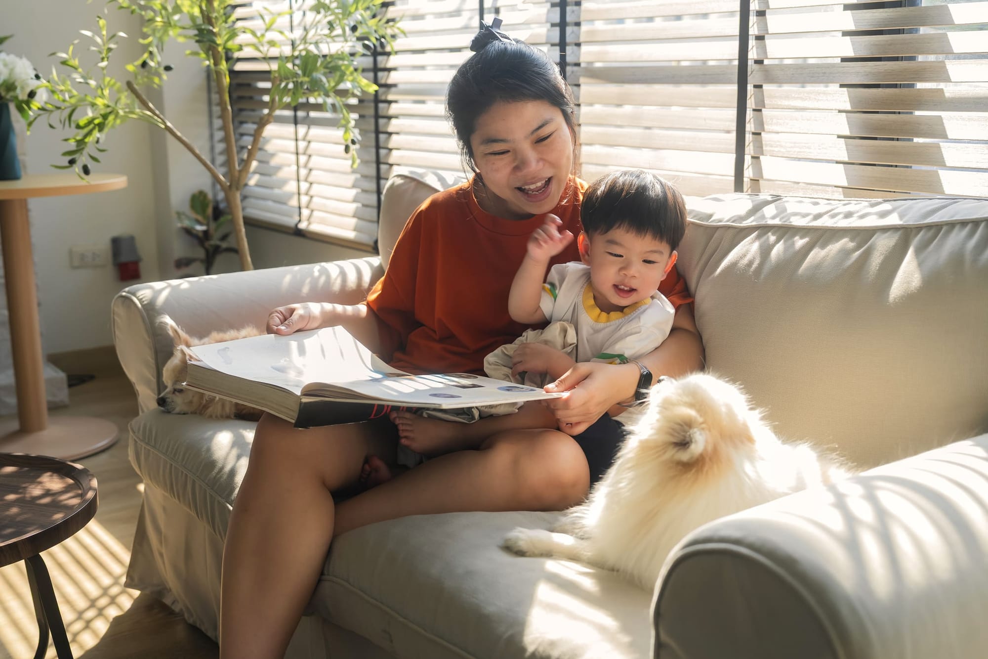 Mãe e filho sentados com um cão - pet sitting no HomeExchange