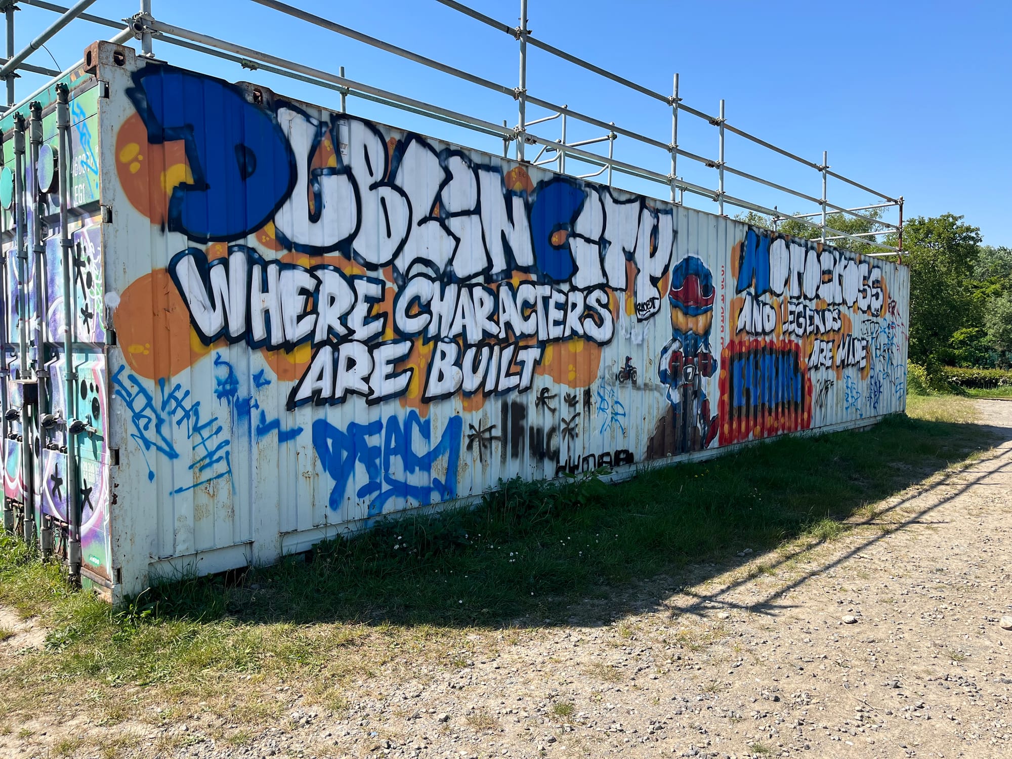 A shipping container at the Dublin Dublin City Motocross track.