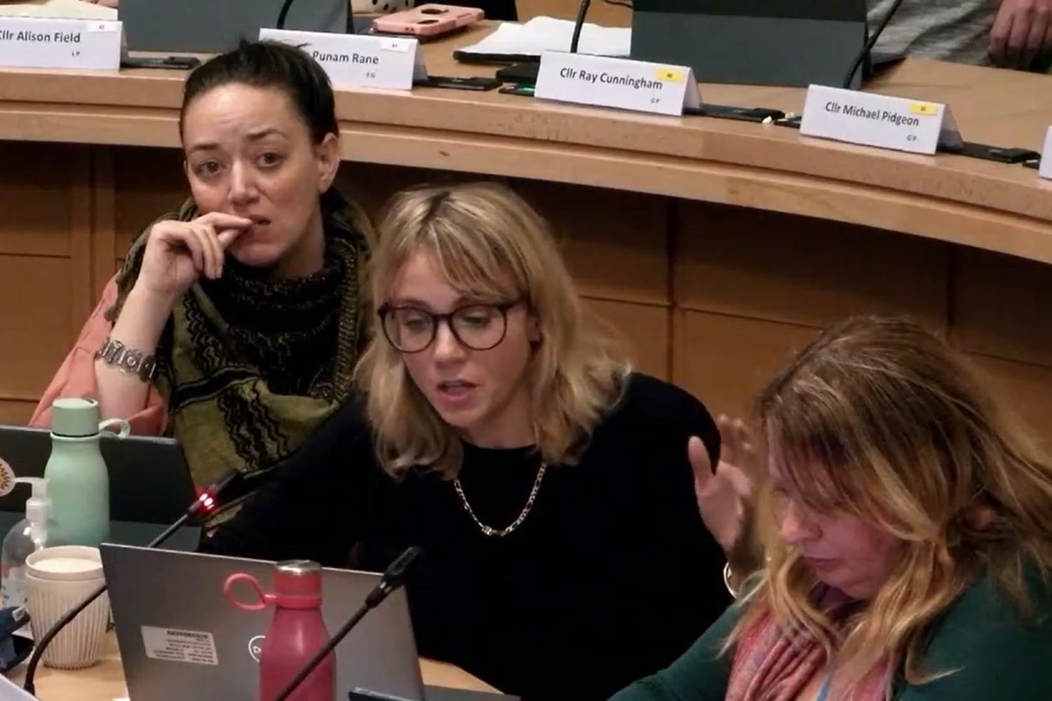 Green Party councillors Janet Horner Claire Byrne and Donna Cooney at the Special Climate Action Meeting. Screenshot from council webcast.