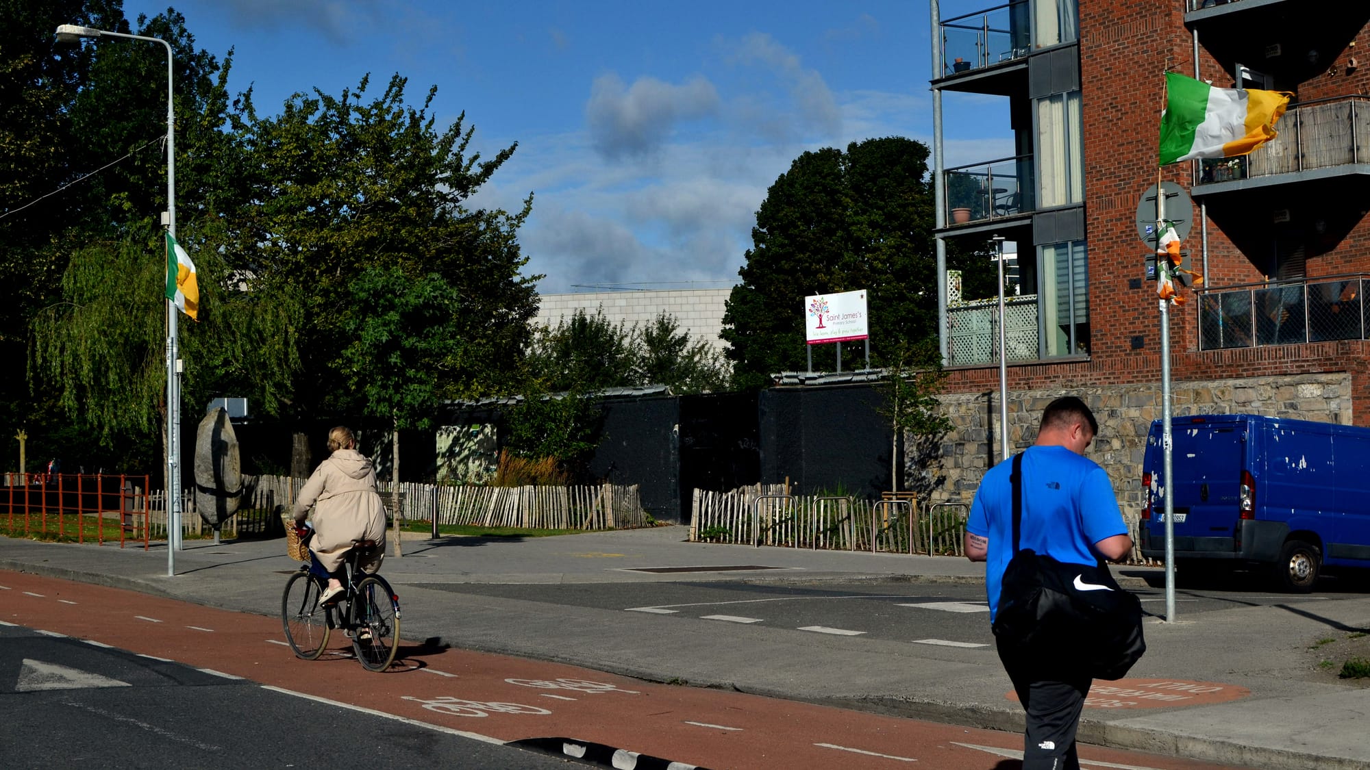 Tricolours flying on lampposts on James's Walk in Dublin 8.