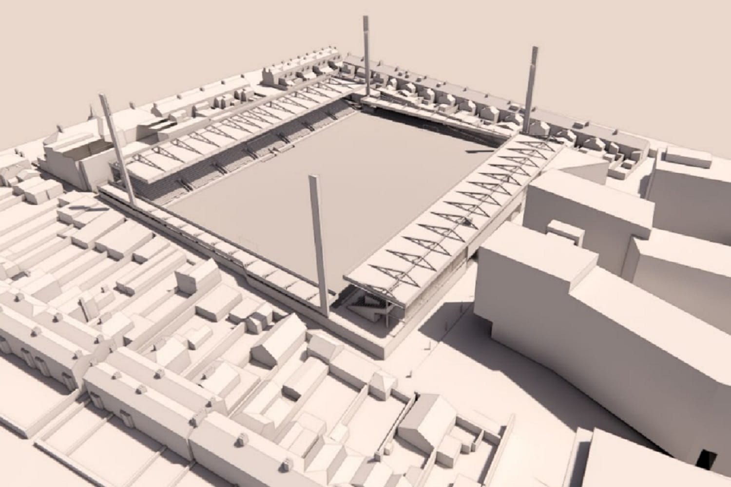 A 3D model showing the redeveloped Dalymoujnt Park and Phibsboro Shopping Centre, together.