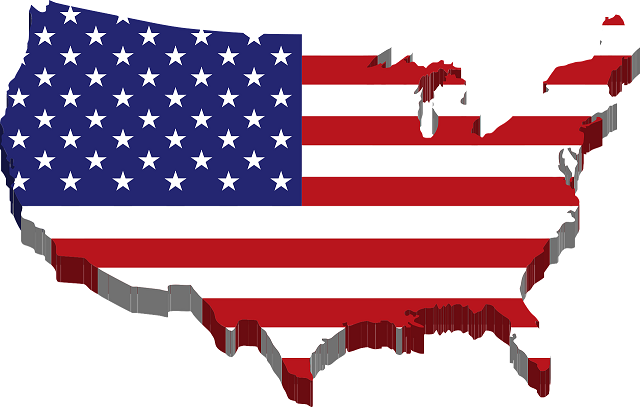 Drawing of geographic map of USA with US flag superimposed over top of it