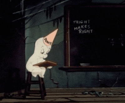 GIF showing Casper The Ghost sitting on stool and writing; chalkboard say "Fright Makes Right"
