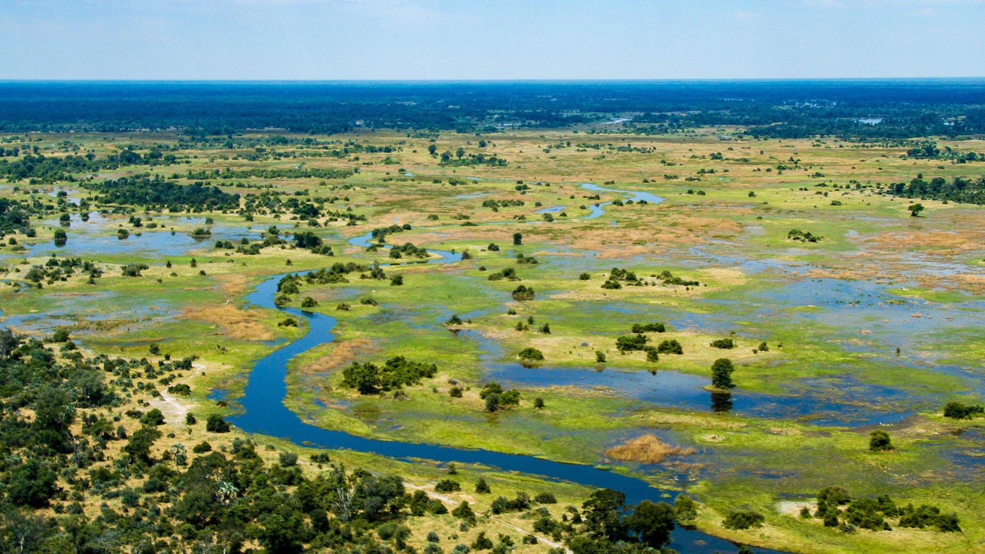Aerial photograph of the Okavango Delta channels and floodplains, the route for our seven-night Botswana itinerary