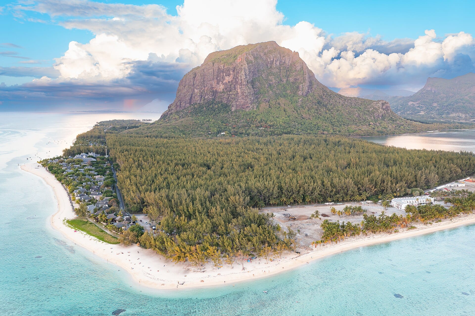 Aerial view of Le Morne Brabant peninsula in southwest Mauritius, with reef and turquoise lagoon