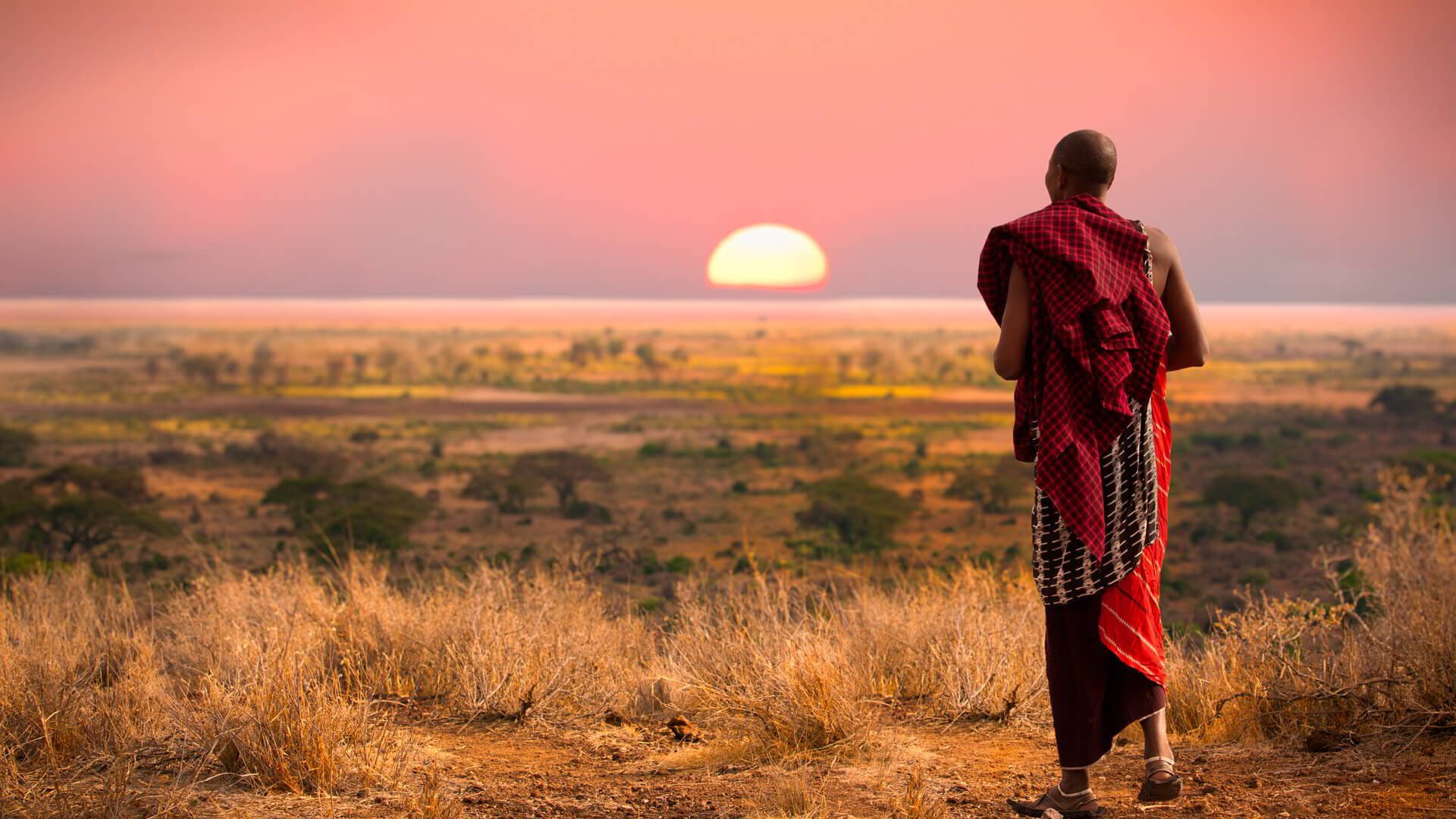 Maasai warrior in red shuka standing on the Kenyan savannah at sunset