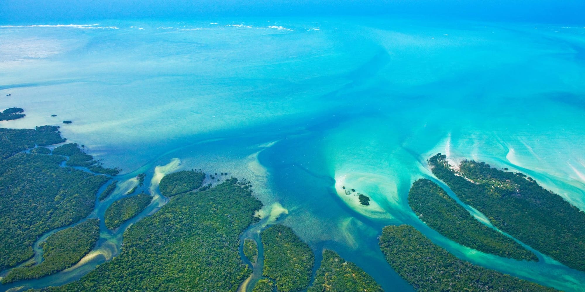 Aerial view of Quirimbas Archipelago islands and turquoise channels, northern Mozambique