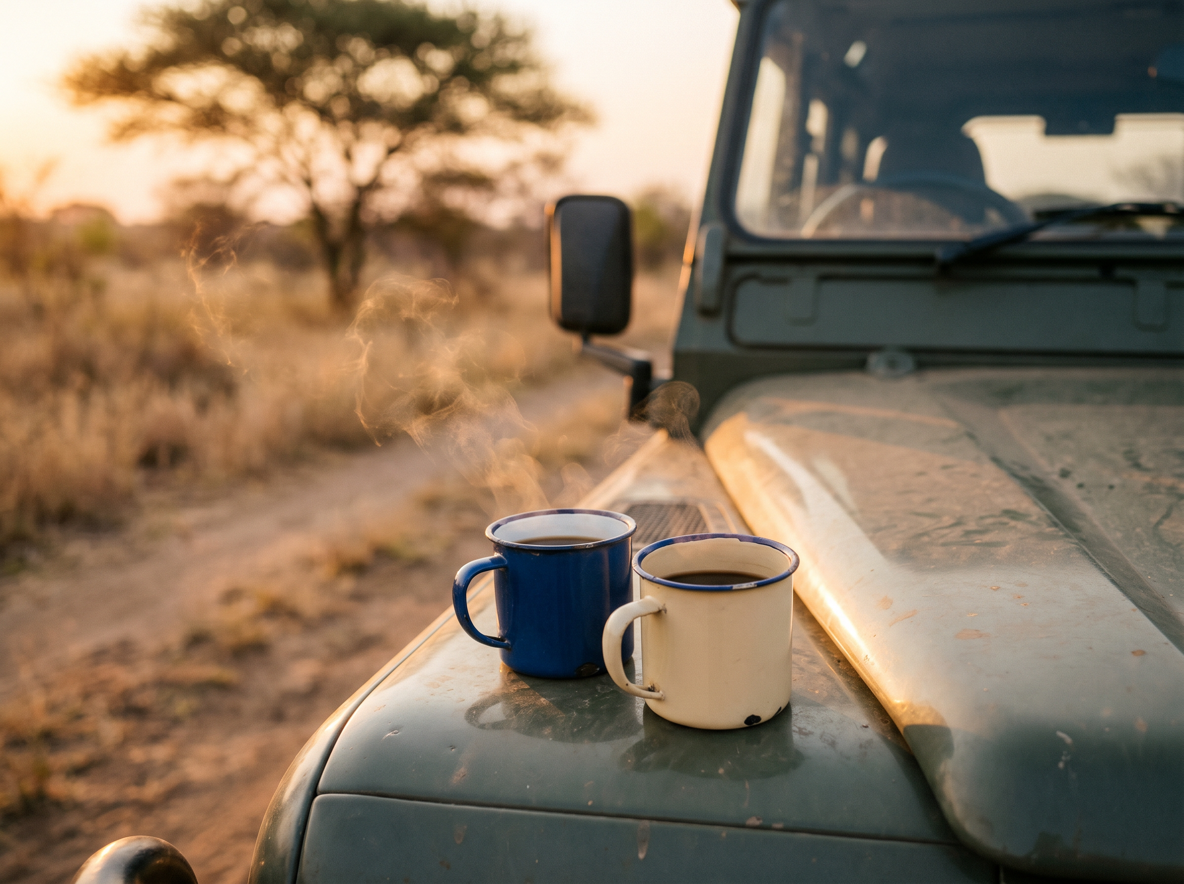 Two enamel mugs of steaming coffee on the bonnet of a Land Rover at sunrise