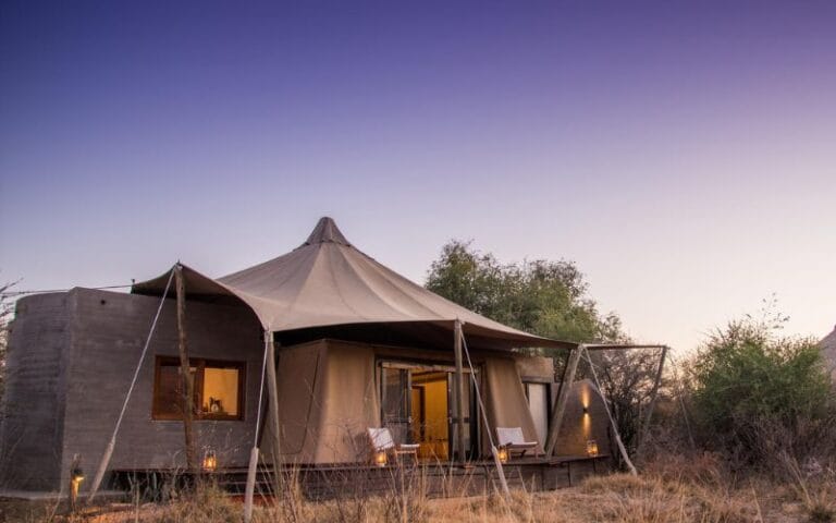 A family gathers with a local guide near a traditional structure in the South African bush at dusk