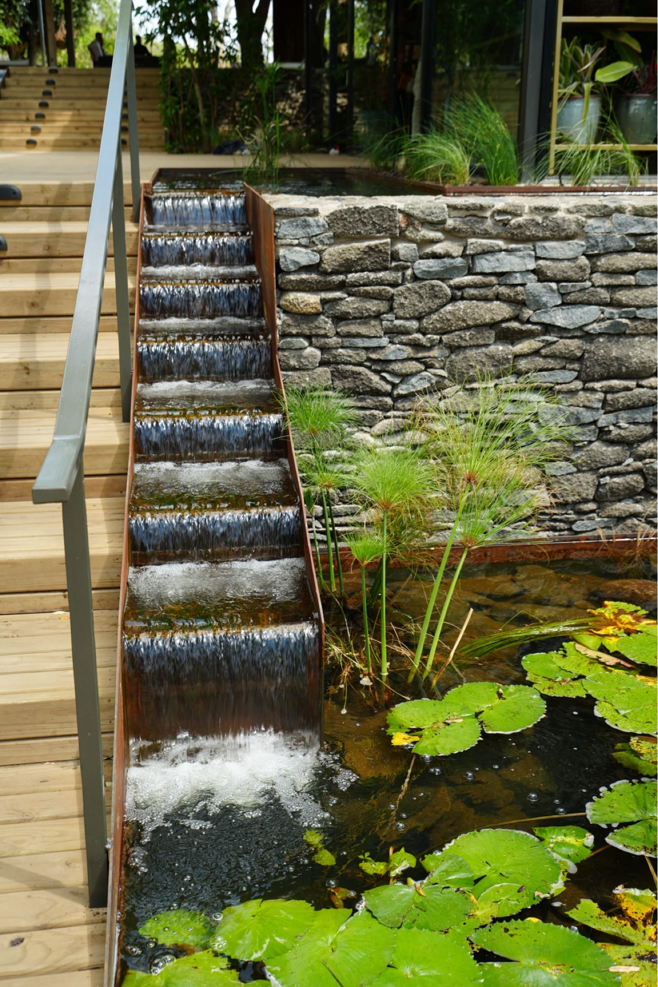 Cascading water feature steps down to a lily-pad pond at Lion Sands Ivory Lodge