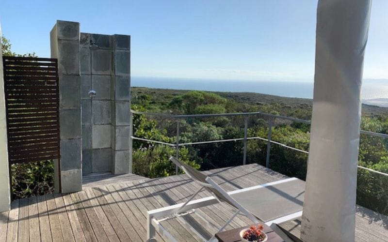 Grootbos fynbos nature walk with guide on a path through proteas and ericas with Atlantic Ocean visible in the distance