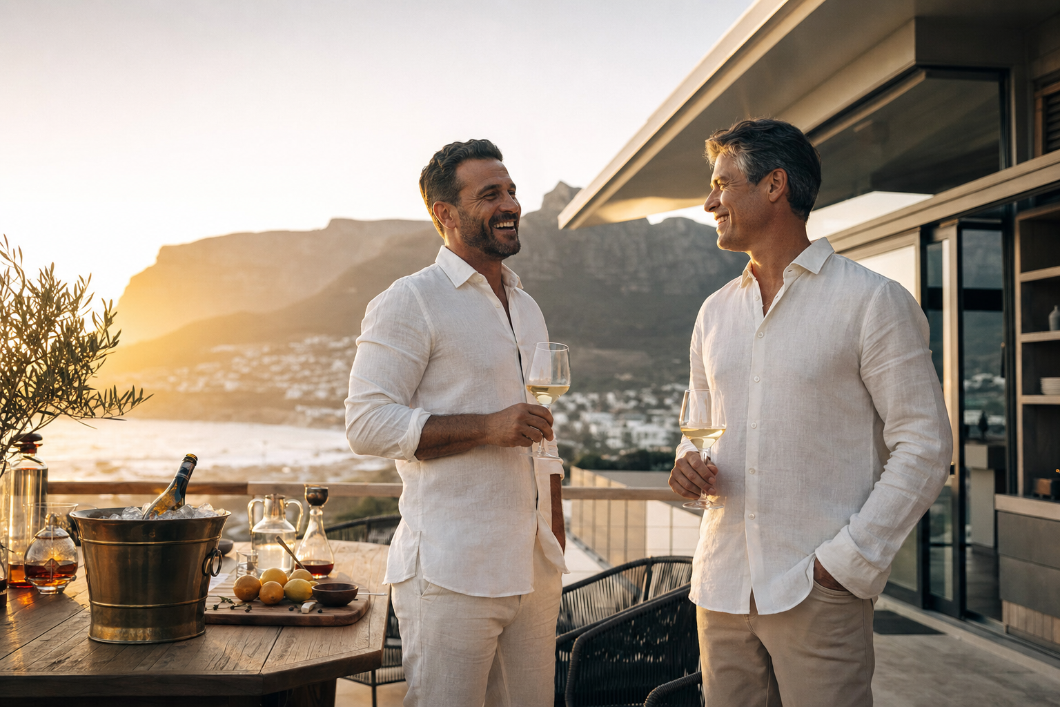 Two men in cream linen on a Cape Town terrace at sunset, sharing chilled white wine, Table Mountain glowing behind them