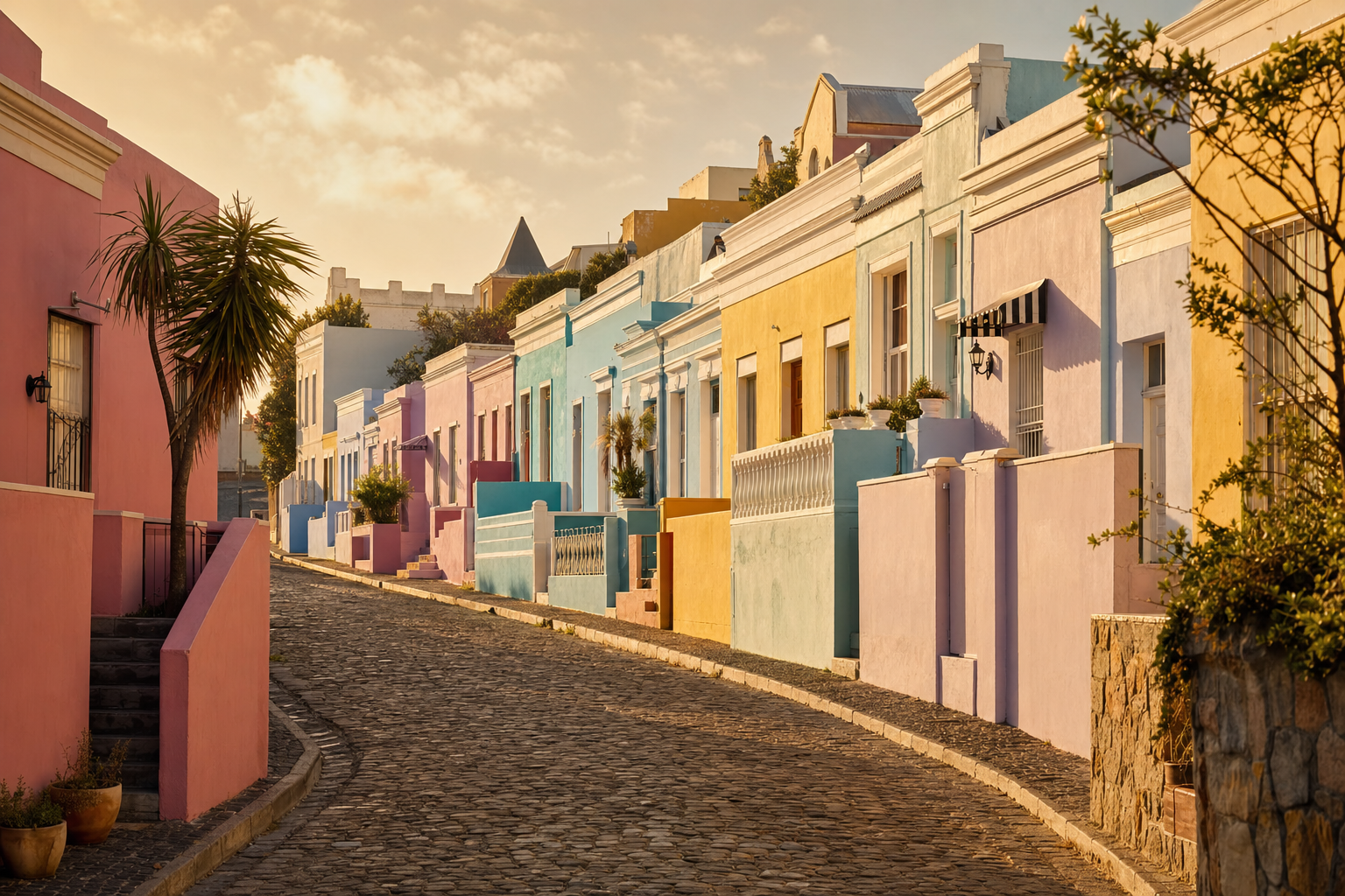 Cobbled street in Bo-Kaap, Cape Town, lined with pastel-painted Cape Malay houses in soft pink, mint, butter yellow and lavender, late afternoon light