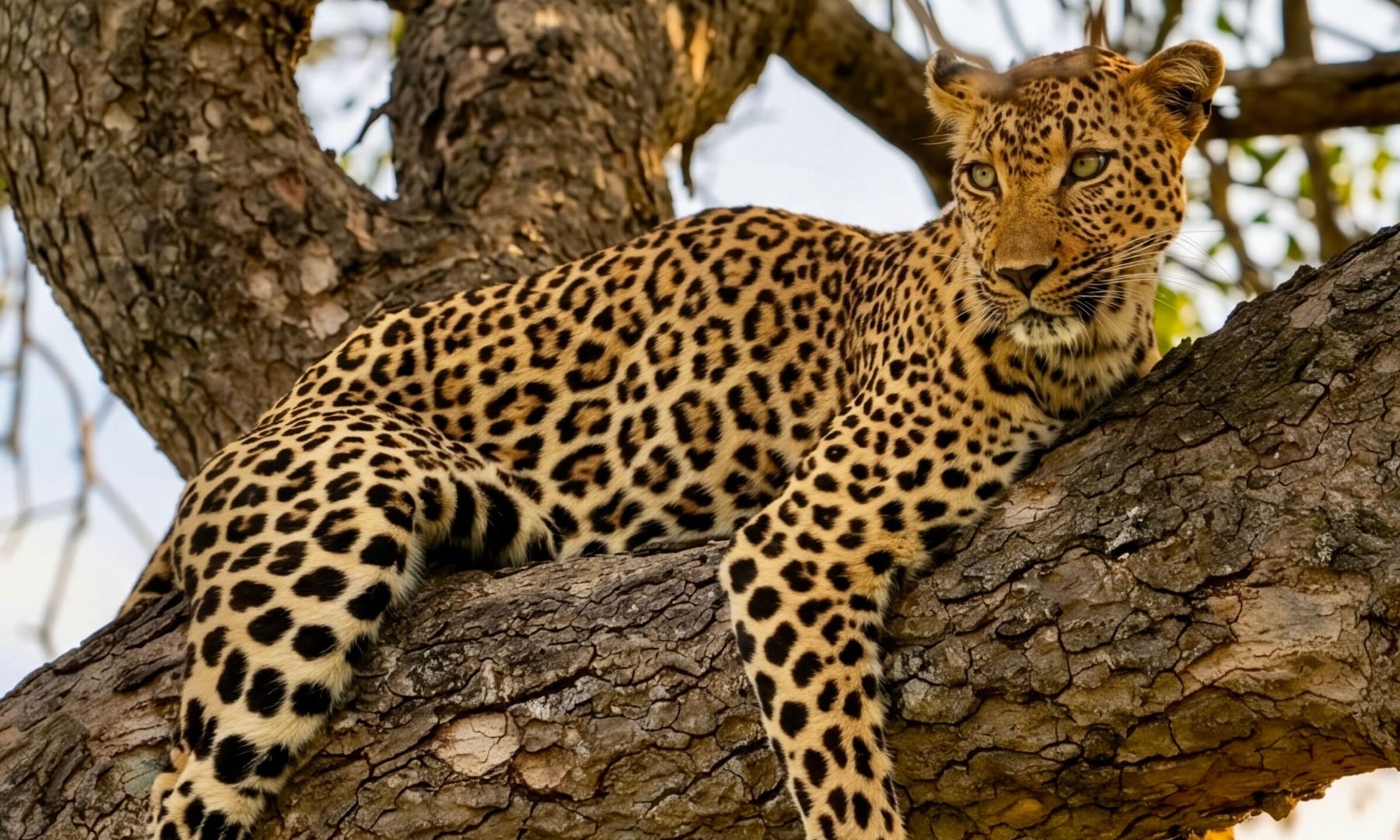 Luxury South Africa safari, leopard draped along a sausage tree fork in the Sabi Sand at golden hour, tail dangling, dappled green canopy above
