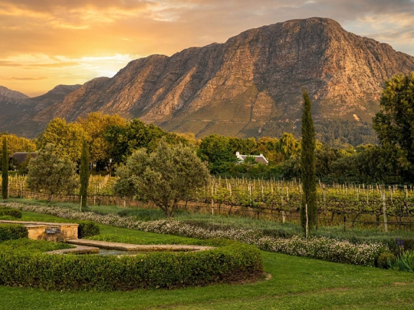 Franschhoek vineyard at golden hour with a white Cape Dutch farmhouse, cypress trees and the Drakenstein mountain behind