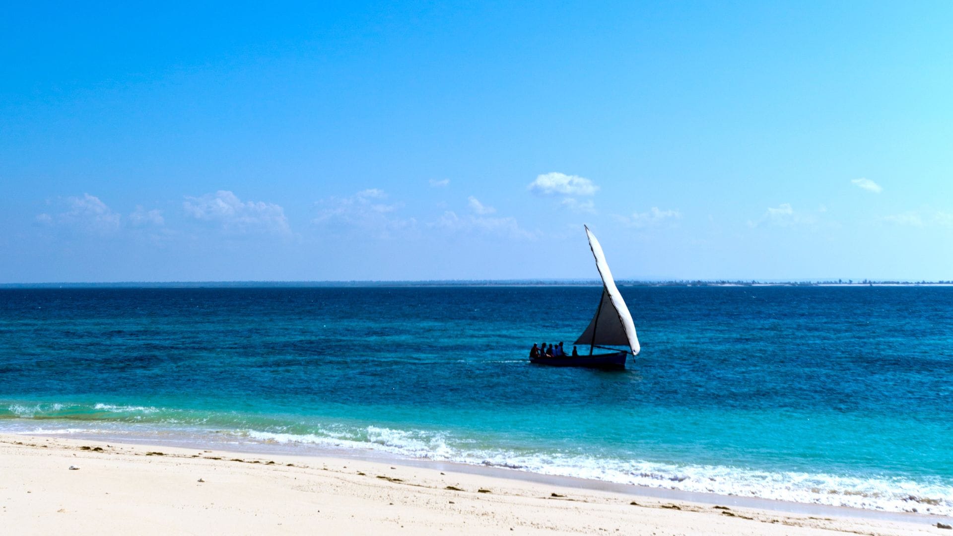 Traditional wooden dhow sailing between the Quirimbas islands off northern Mozambique