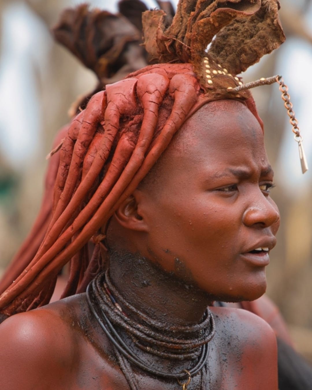 A Himba woman in profile, her hair and skin coated in traditional otjize ochre, wearing layered metal necklaces
