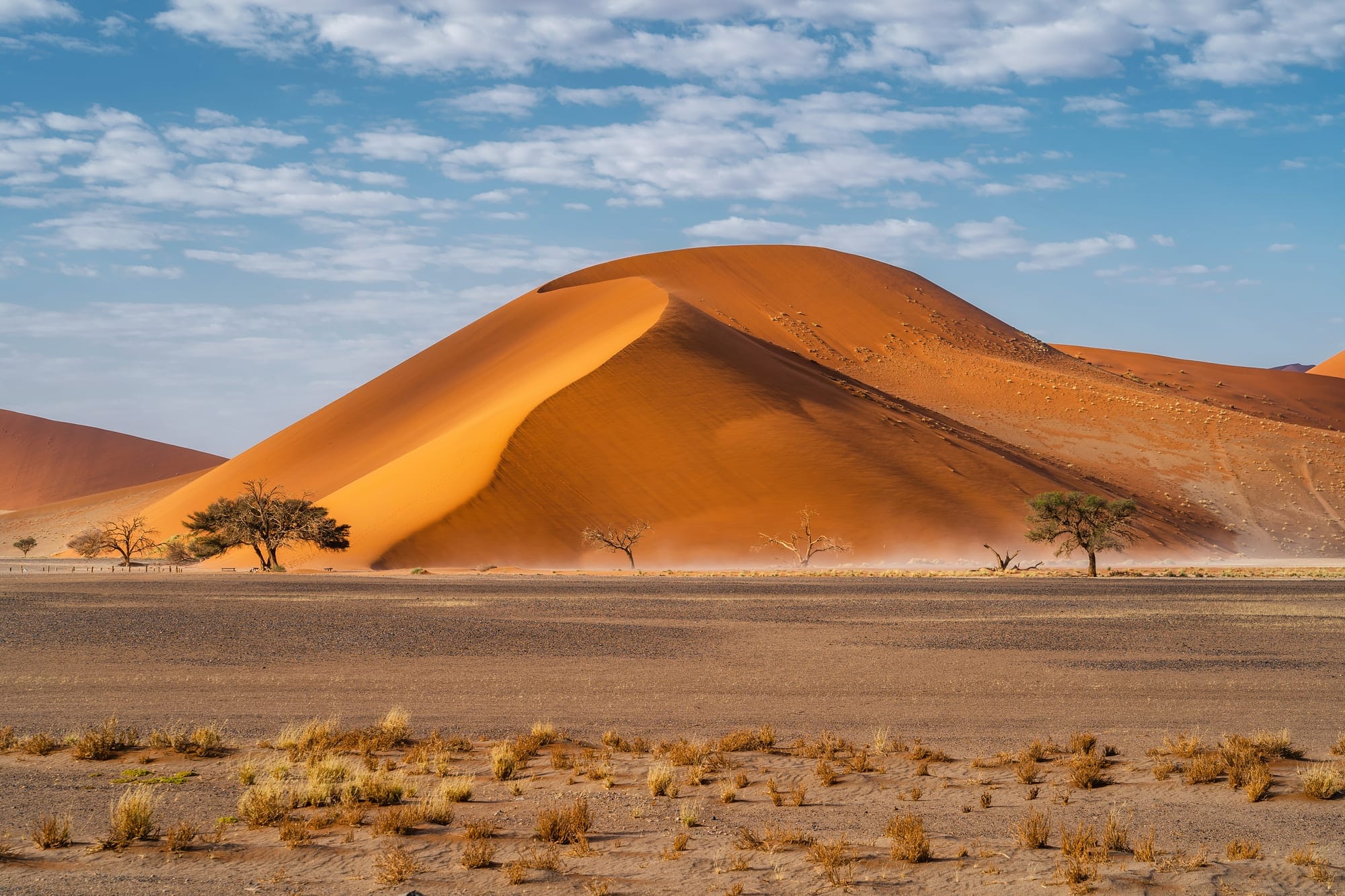 Luxury Namibia safari, two guests crest a red Sossusvlei dune at first light, cool blue shadow behind, the pan stretching below