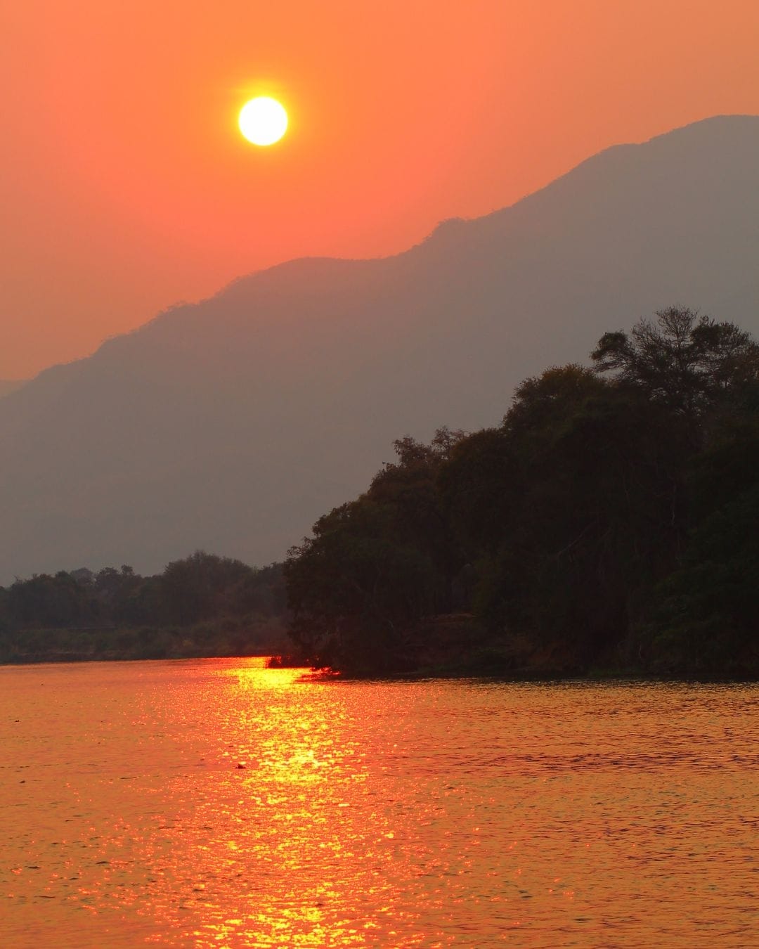Sunset over the Lower Zambezi River with the escarpment silhouetted behind and riverine forest on the bank, the sun reflecting off the water