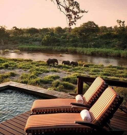 Elephants crossing a river seen from a lodge deck in the Greater Kruger
