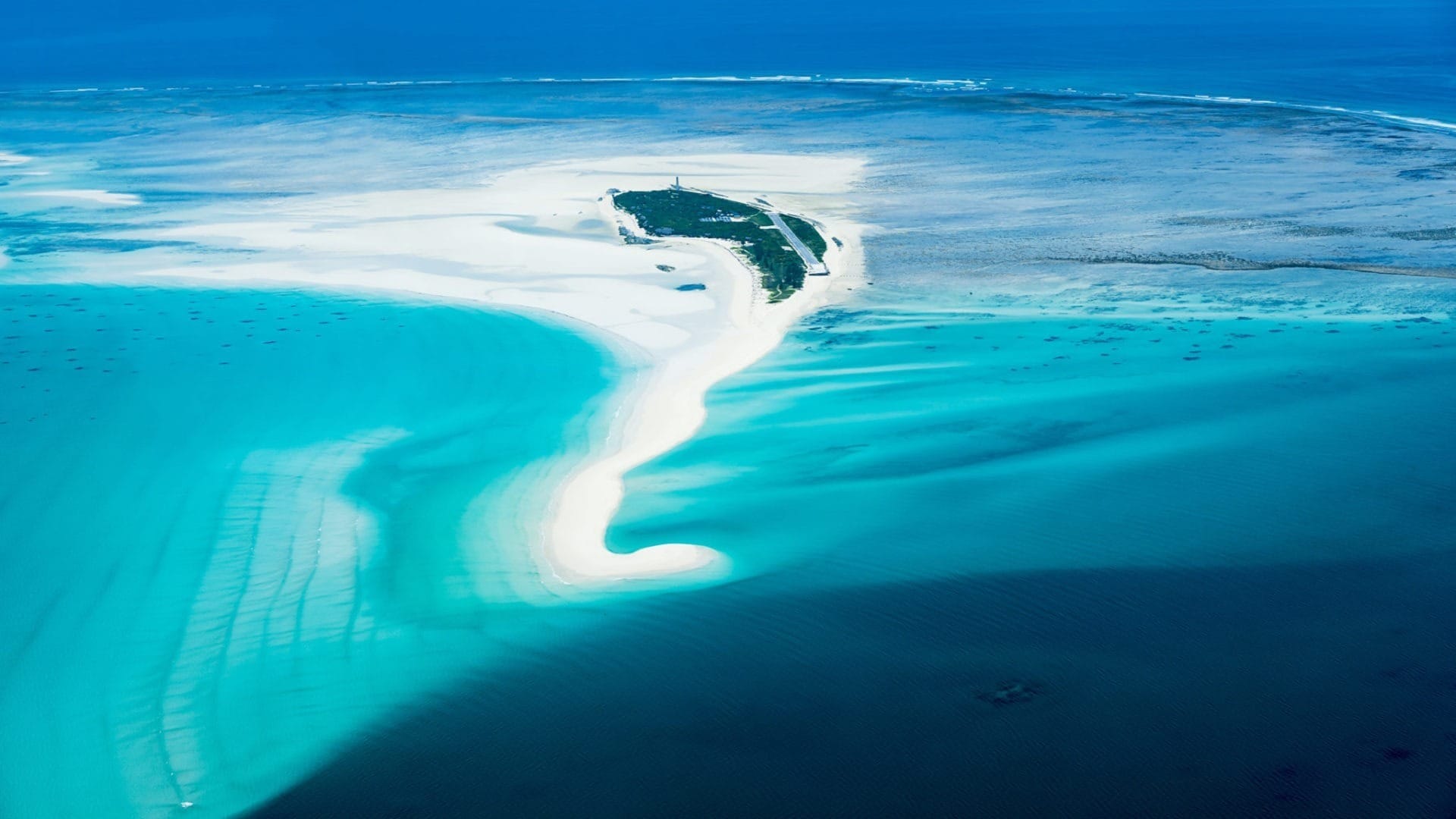 Aerial view of Medjumbe Island white sand spit and turquoise water, Quirimbas Archipelago, Mozambique