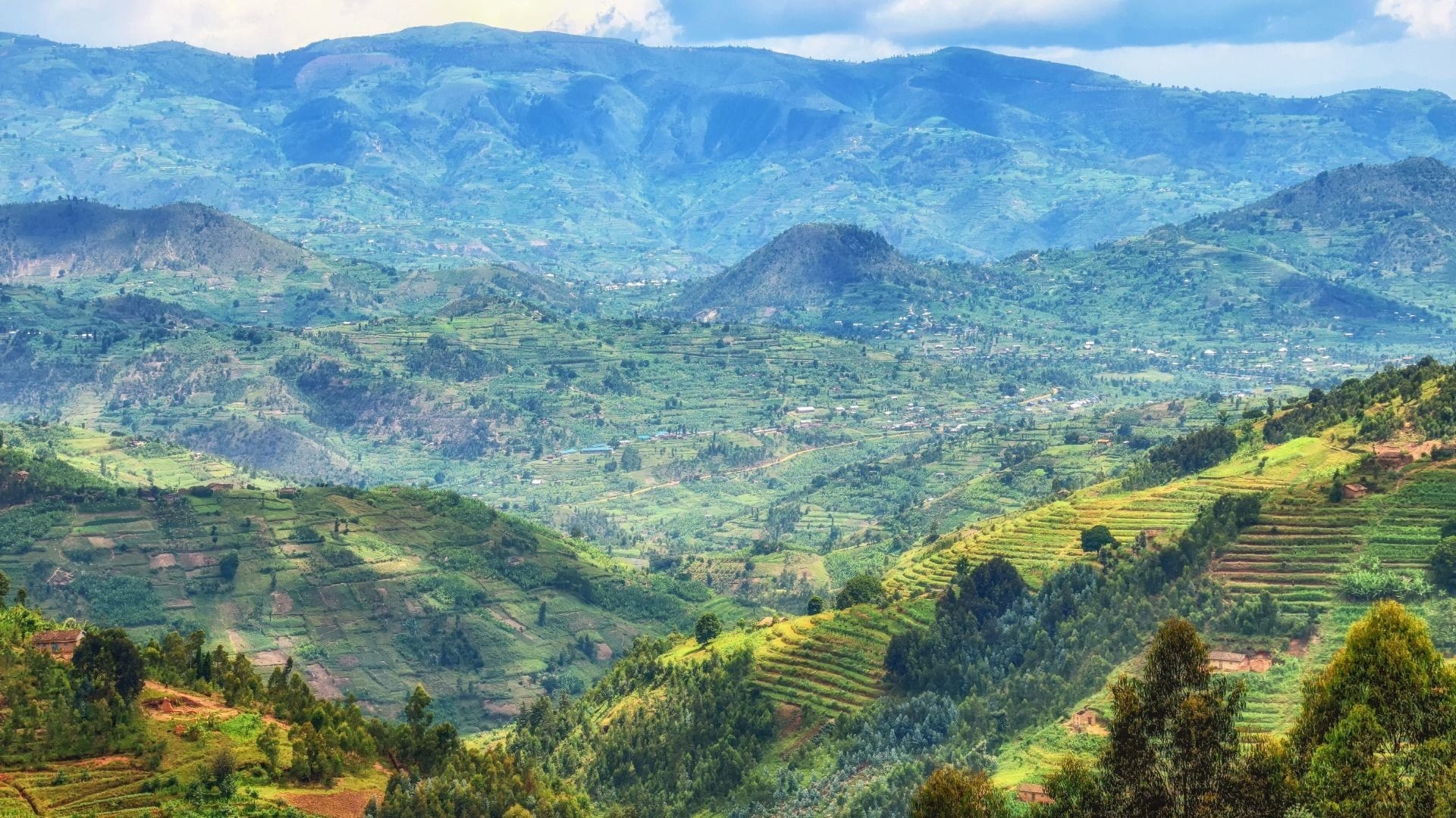 Terraced hillsides and volcanic ridges in the Great Lakes highlands