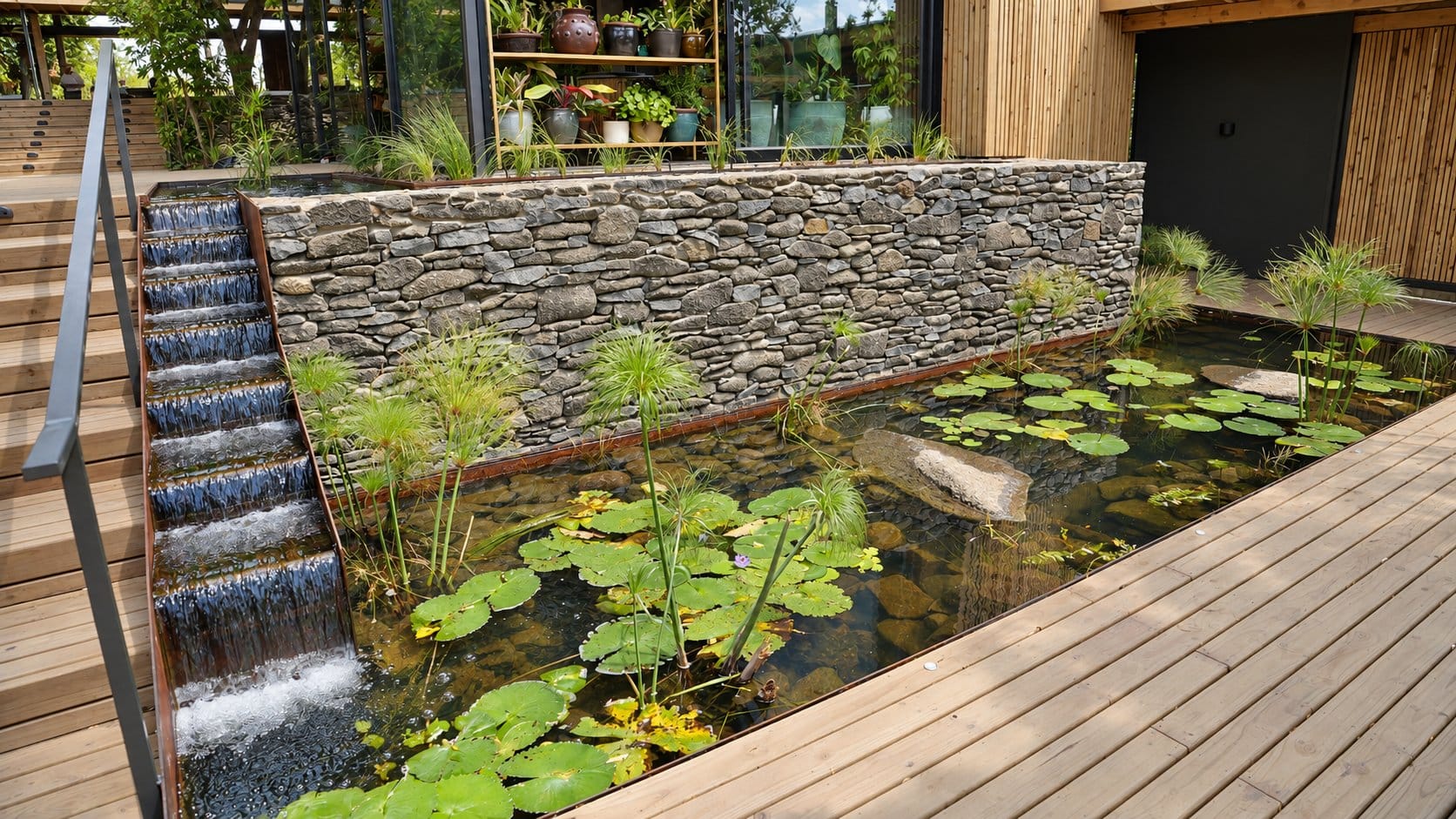 Water cascading down stone steps into a lily pond beside a timber deck