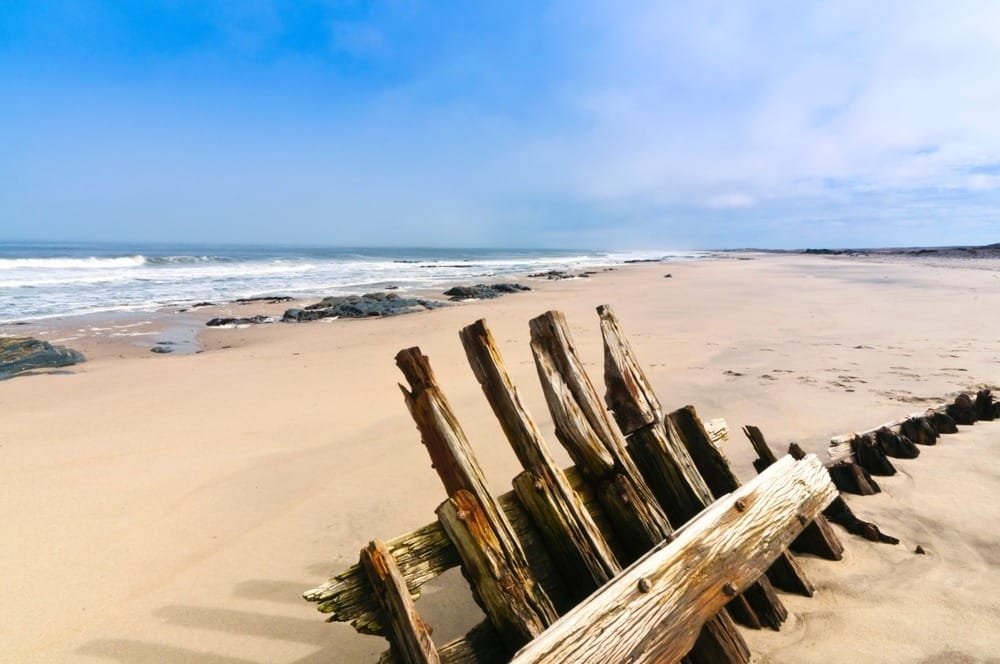 Bleached timbers from an old shipwreck half buried in the sand on the Skeleton Coast, Atlantic surf breaking beyond