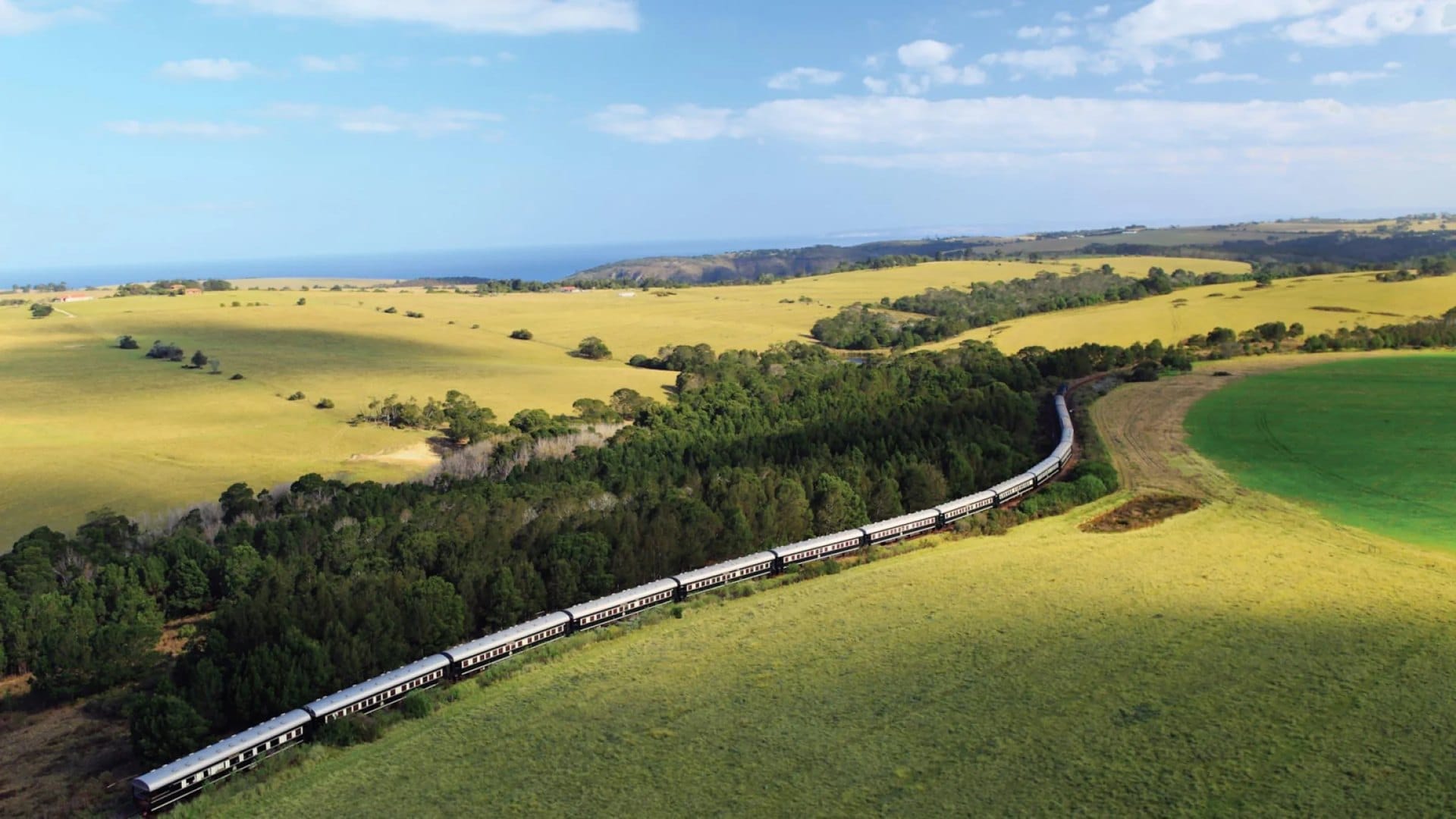 Luxury train curving through green farmland and forest with the sea in the distance