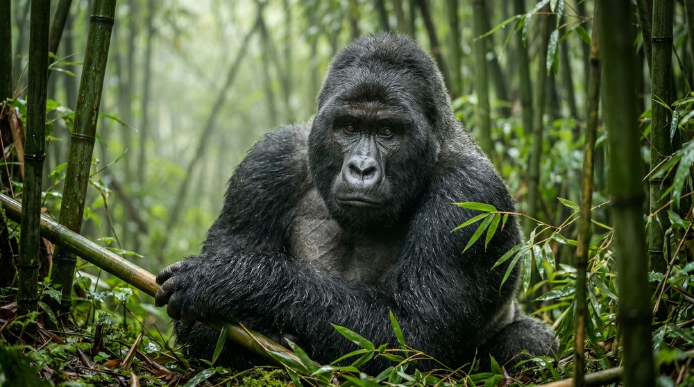 A silverback mountain gorilla in dense bamboo forest, looking at the camera